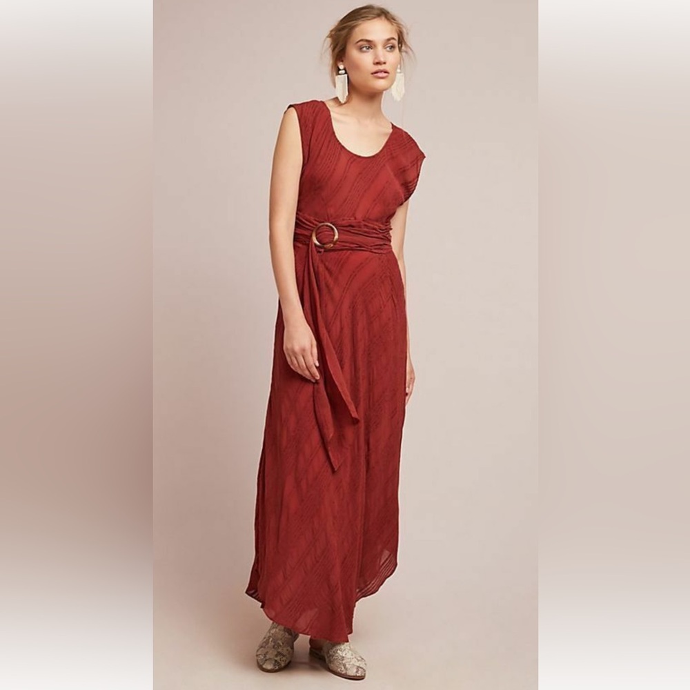 ANTHROPOLOGIE Moulinette Soeurs Rust Maxi Dress with Ring Belt